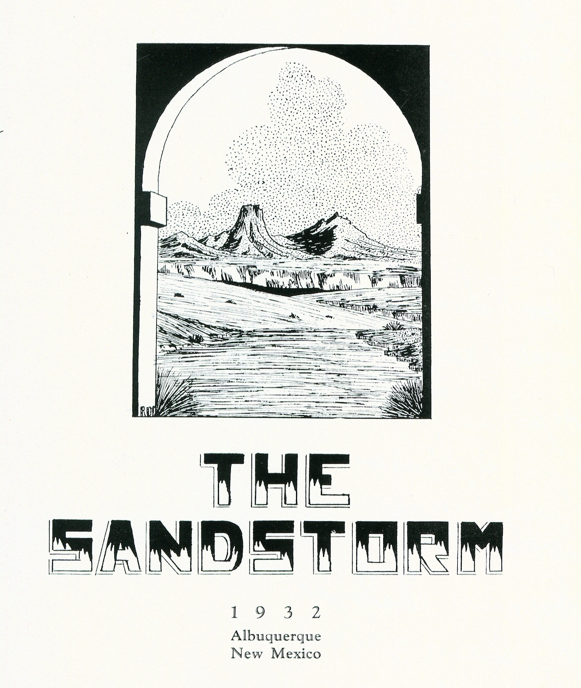 Illustrated title page of The Sandstorm, from the 1932 edition. Line drawing of a desert scene.